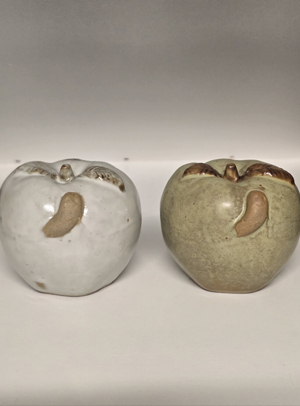 Vintage Ceramic Apple And Worm Salt And Pepper Shakers - White and Sage Set